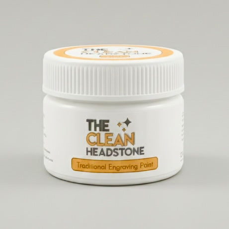 Jar of 'The Clean Headstone' engraving paint on a gray background