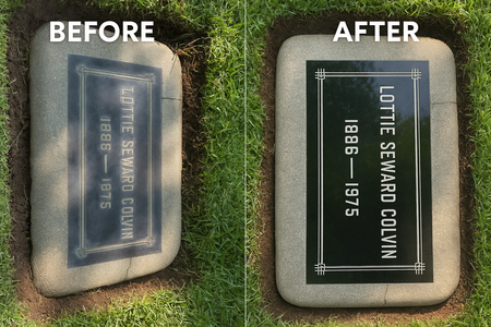 Before and after comparison of a gravestone with engraved text on grass.