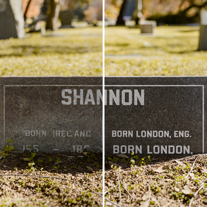 Close-up of a gravestone with engraved text in a cemetery.  (before and after)