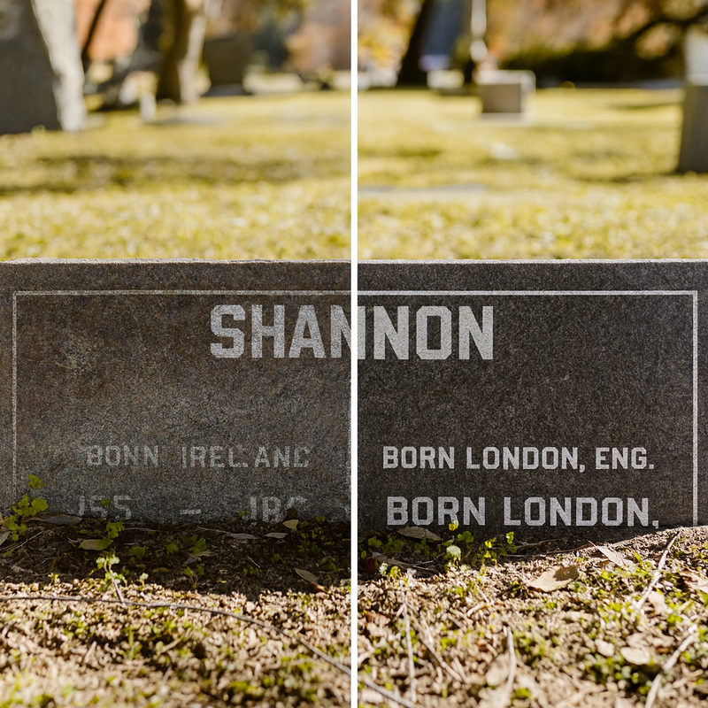 Close-up of a gravestone with engraved text in a cemetery.  (before and after)