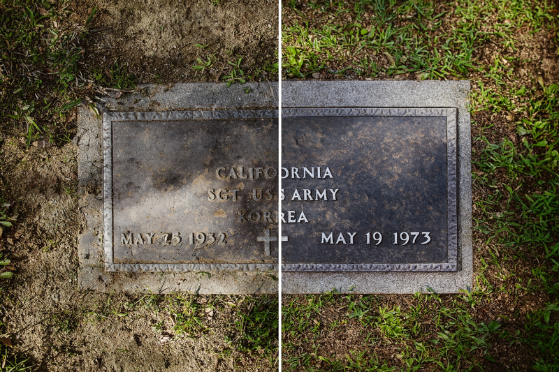Two views of a military gravestone with engraved details on a grassy background. (before and after)