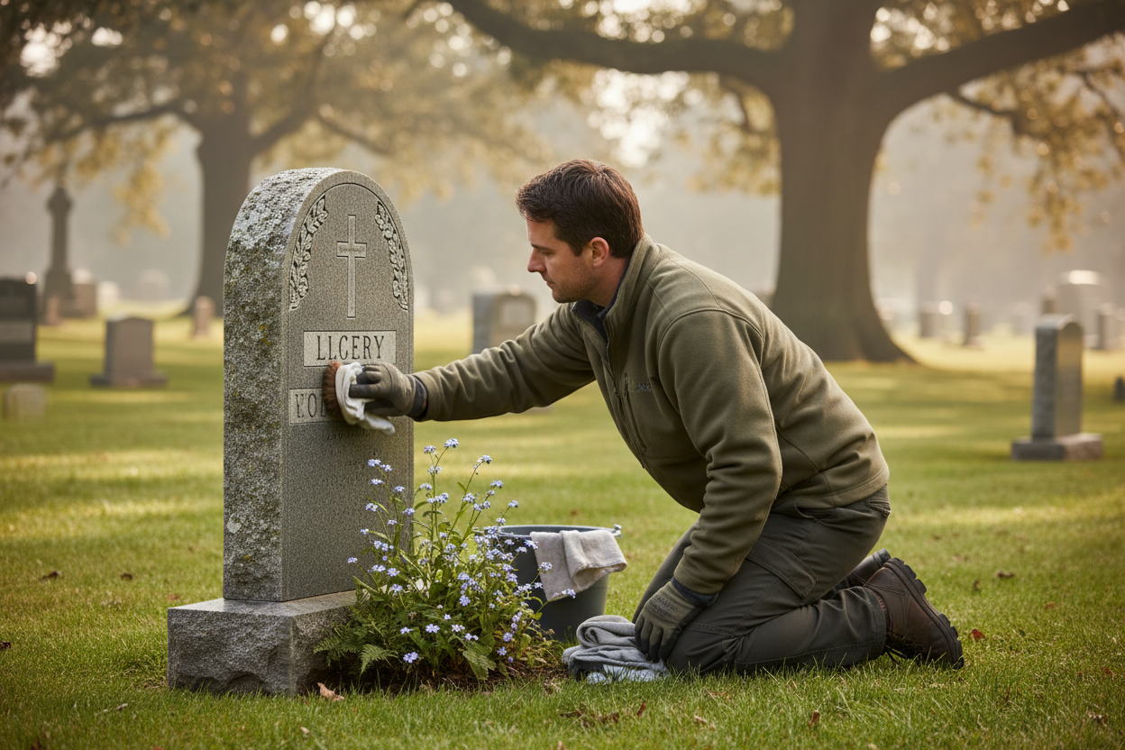Man kneeling by a gravestone in a cemetery