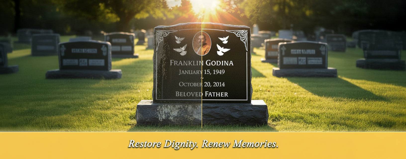 Gravestone with a headstone award in a cemetery setting