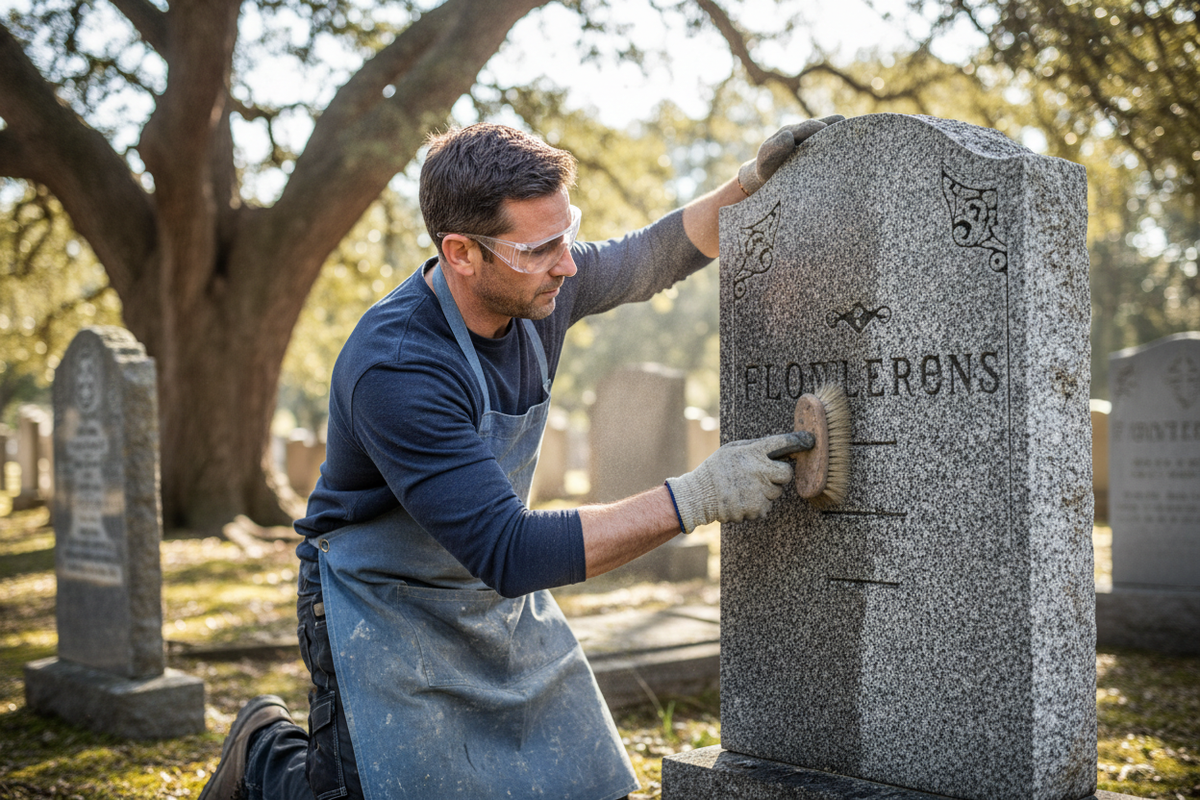 Generate an image of a man during restoration of a headstone using the exact product in the store let it look professional